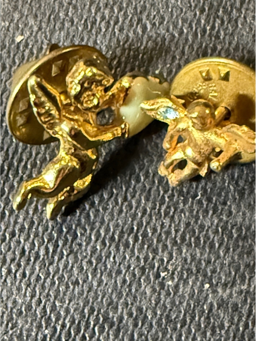 Vintage Gold Tone Cupid Angel Lapel Pins with Heart and Rhinestone Accents